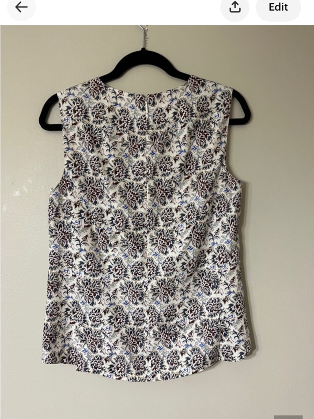 Tory Burch White Floral Sleeveless Shell with Navy and Light Blue Motif